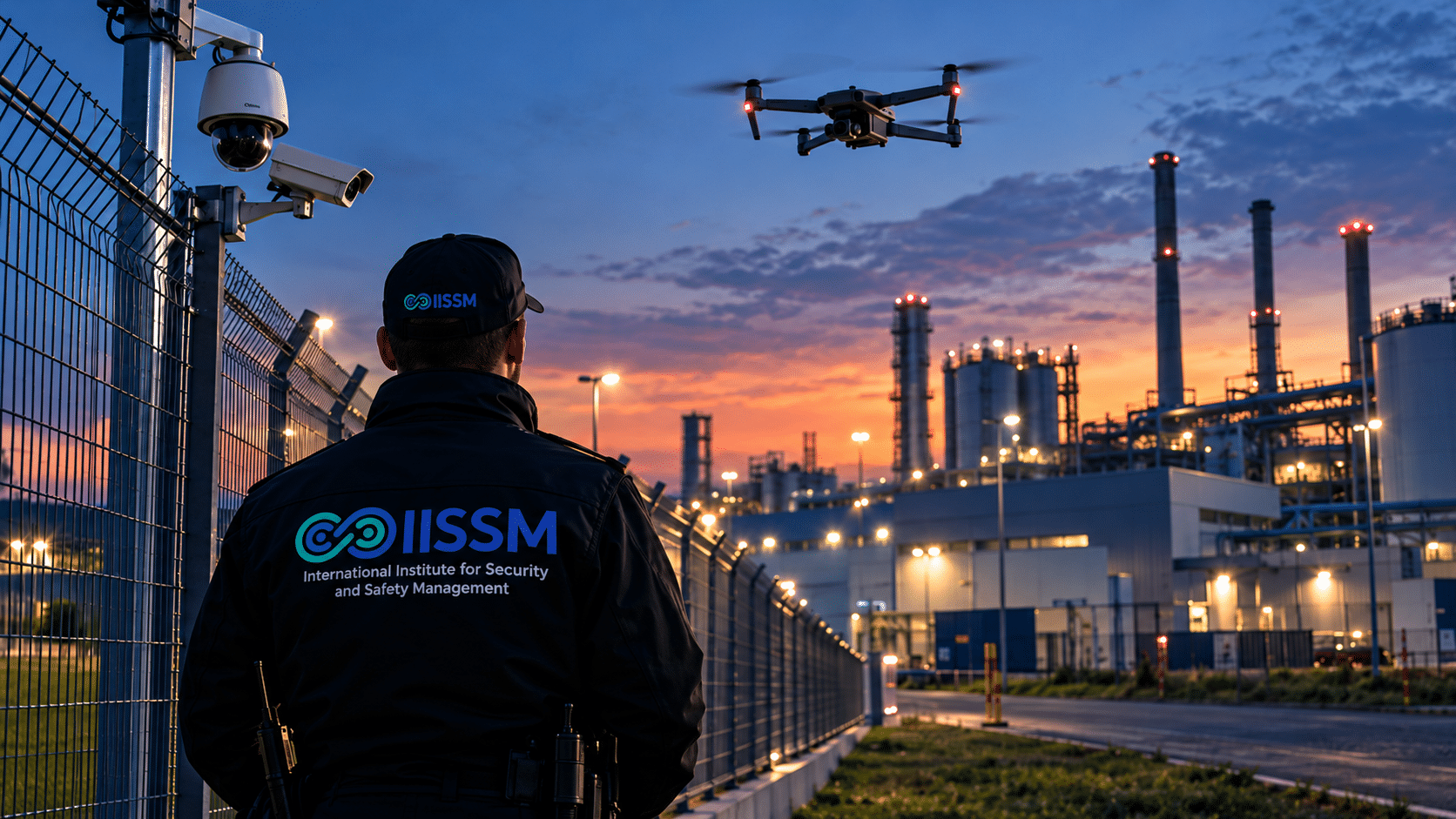 IISSM Sicherheitsmitarbeiter vor einer Industrieanlage mit Drohne und Videoüberwachung